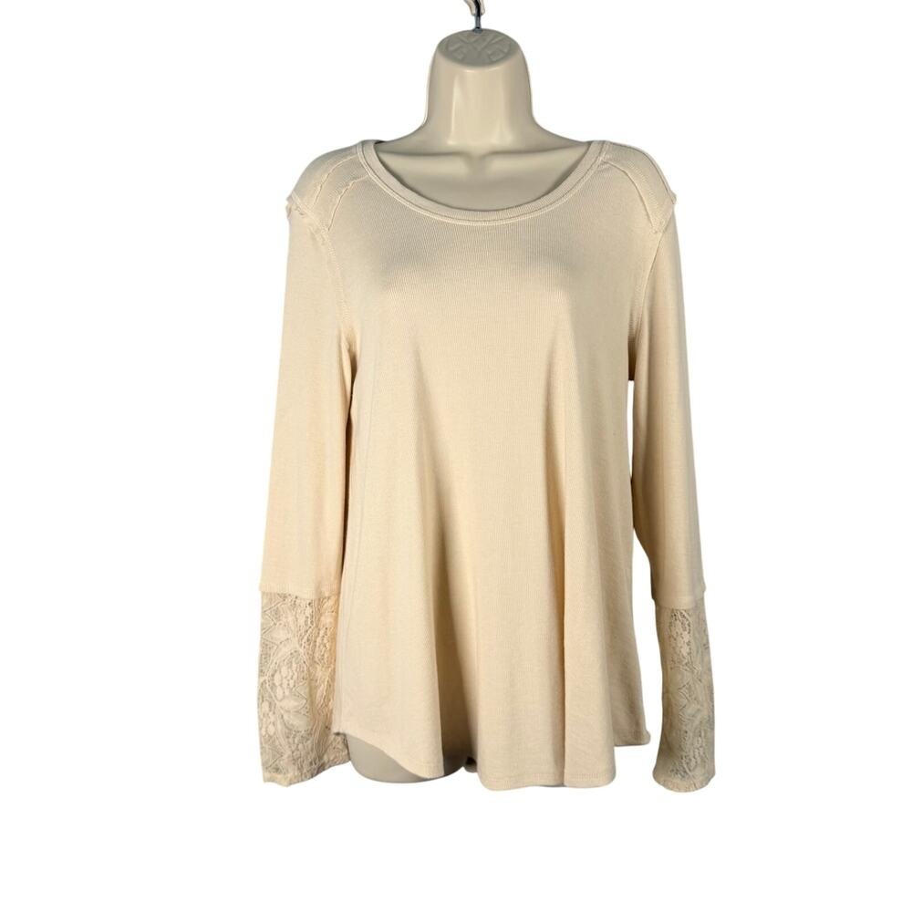 Knox Rose Top Women Medium Ivory Ribbed Rayon Stretch Lace Trim Cuff Long Sleeve